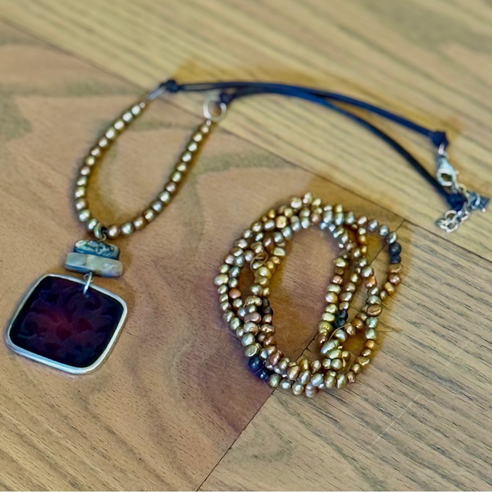 Silpada Gold Bronze Pearl Bracelets + Etched Abalone Shell 925 Silver Necklace